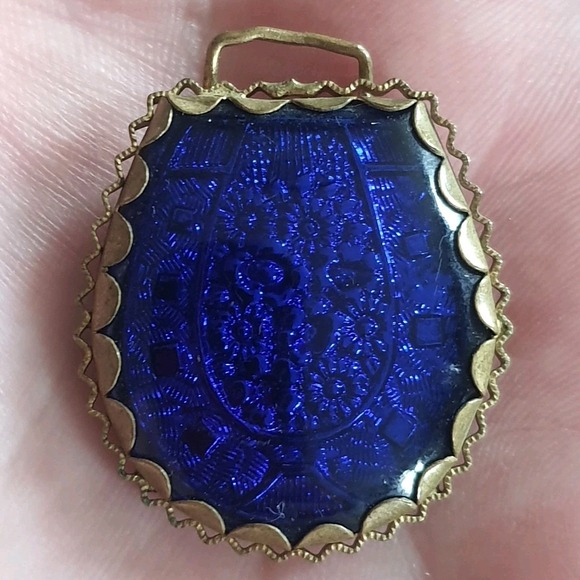 Antique Jewelry - Antique Vintage Cobalt Blue Glass Metal Necklace Pendant W/ Subtle Floral Design